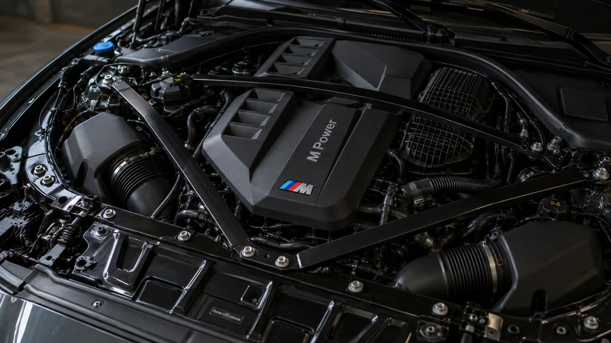 BMW S58 engine bay in dark workshop lighting
